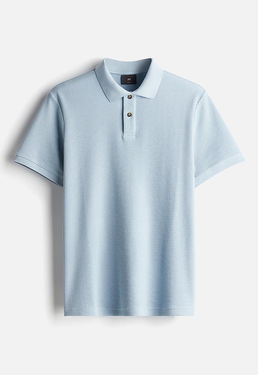 H&M - Slim fit waffled polo shirt - light blue 