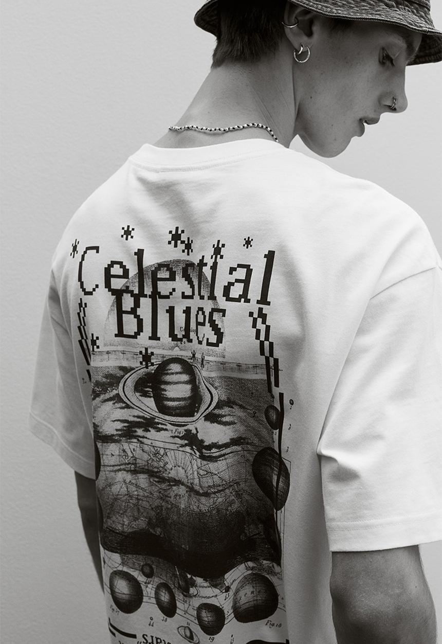 H&M - Loose fit printed t-shirt - white & celestial blues