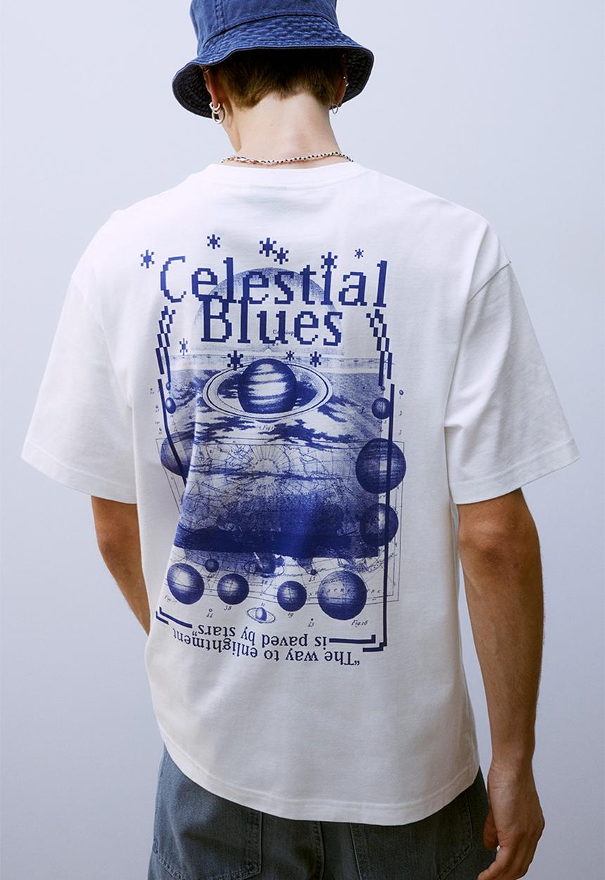 H&M - Loose fit printed t-shirt - white & celestial blues