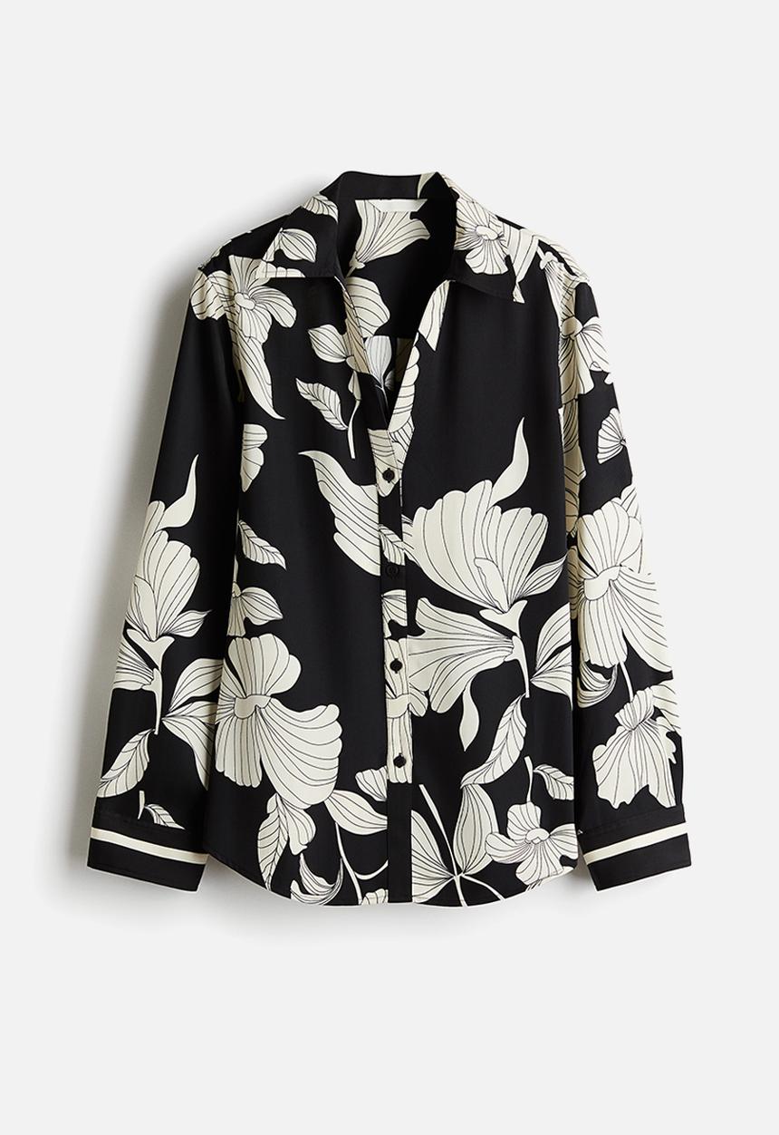 H&M - Long-sleeved shirt - black & white floral