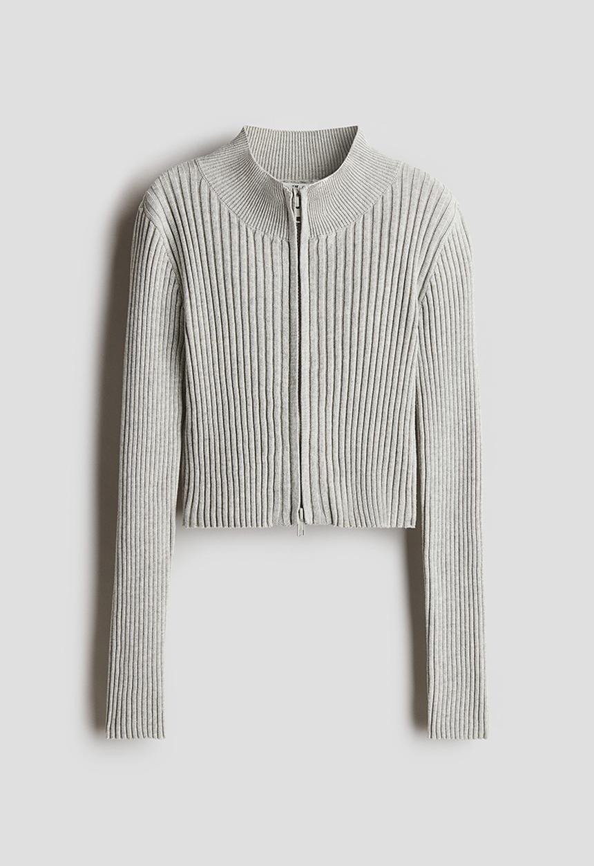 H&M - Rib-knit zip-through cardigan - light grey marl