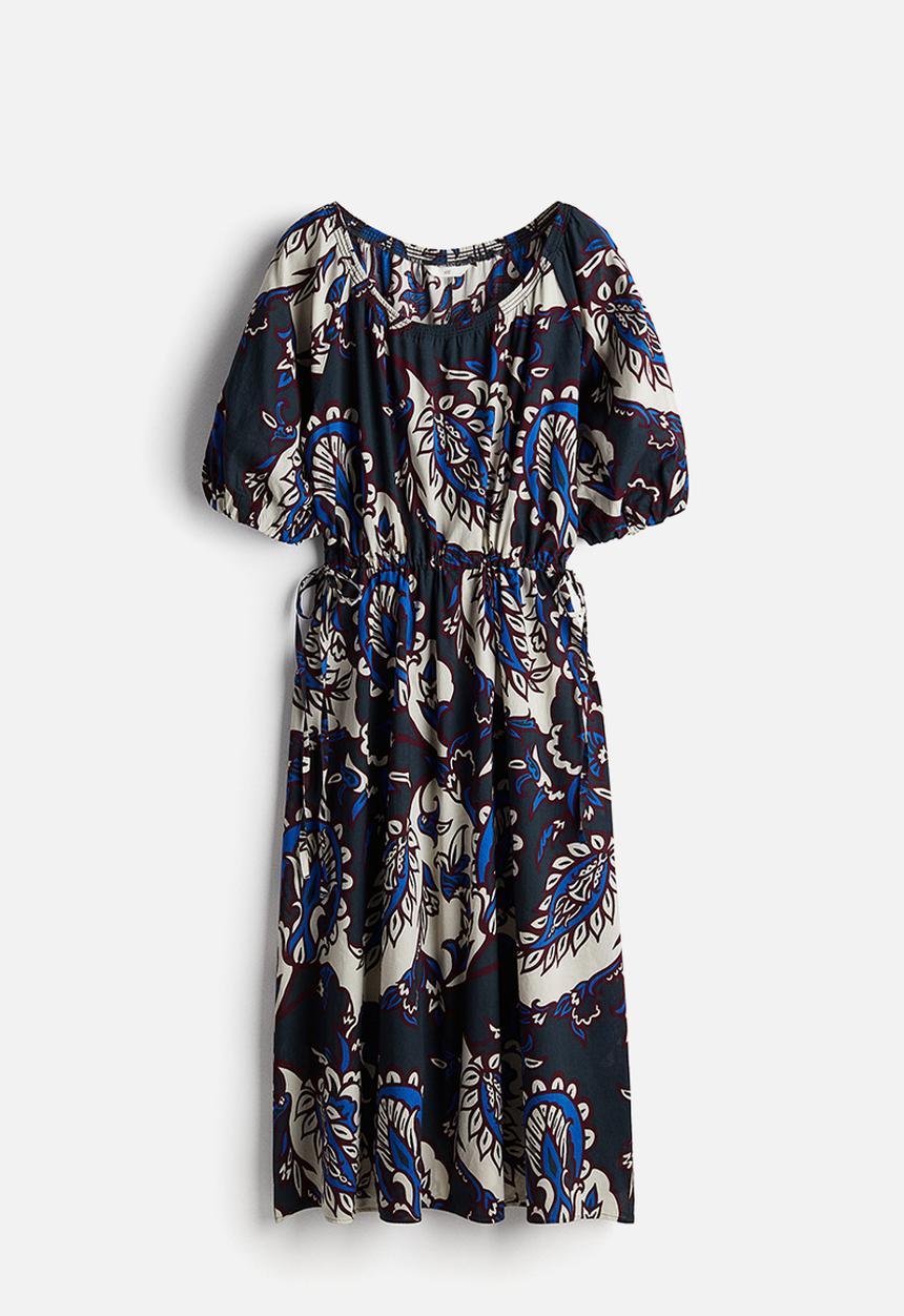 H&M - Drawstring-waist cotton dress - navy blue/patterned