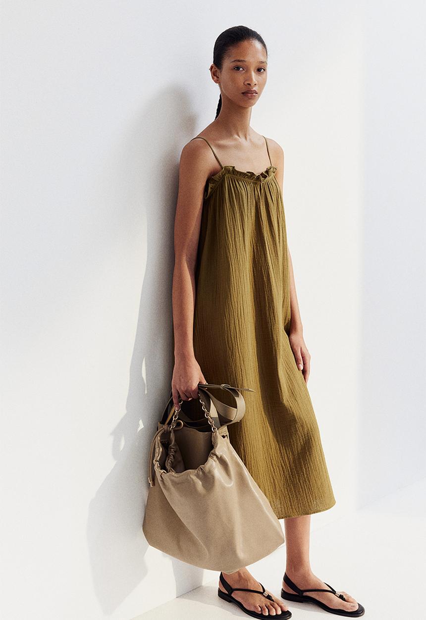 H&M - Frill-trimmed cotton dress - khaki green