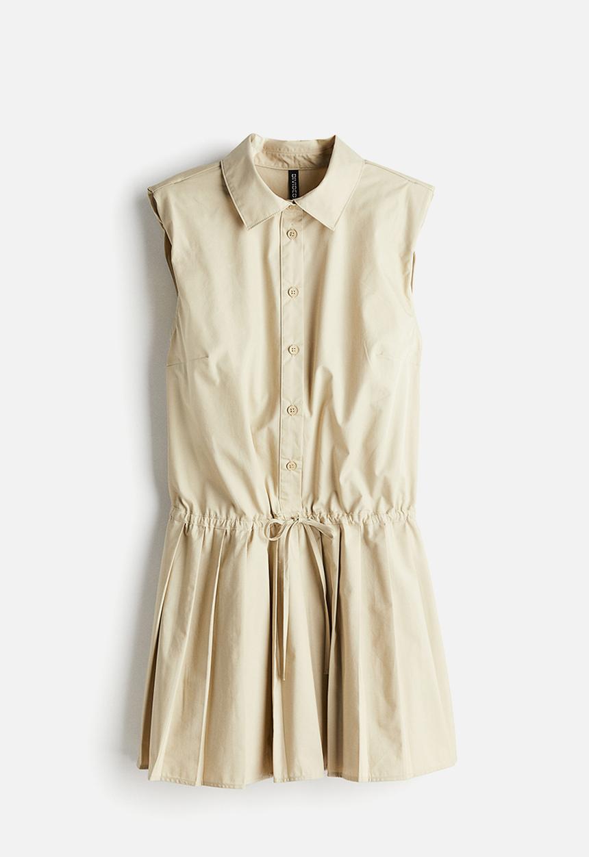H&M - Pleated-skirt shoulder-pad dress - light beige