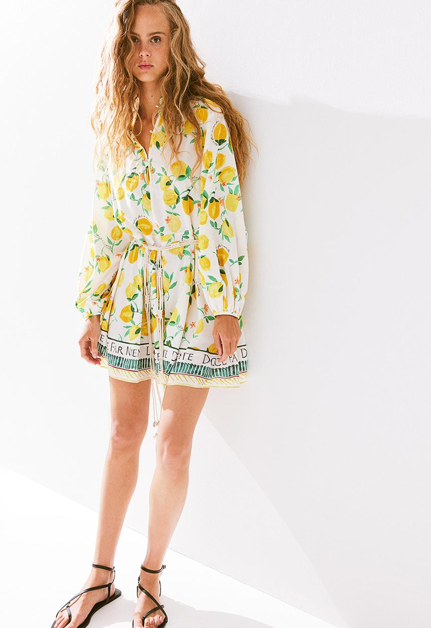 H&M - Macramé-belt dress - cream lemons 