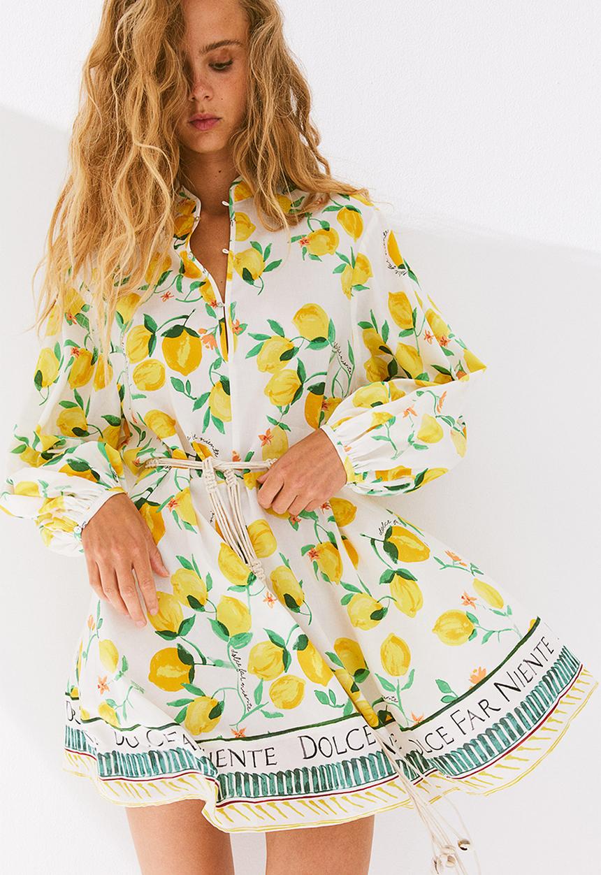 H&M - Macramé-belt dress - cream lemons 
