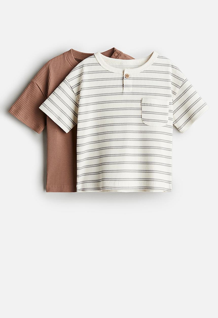 H&M - 2-Pack ribbed jersey tops - brown striped