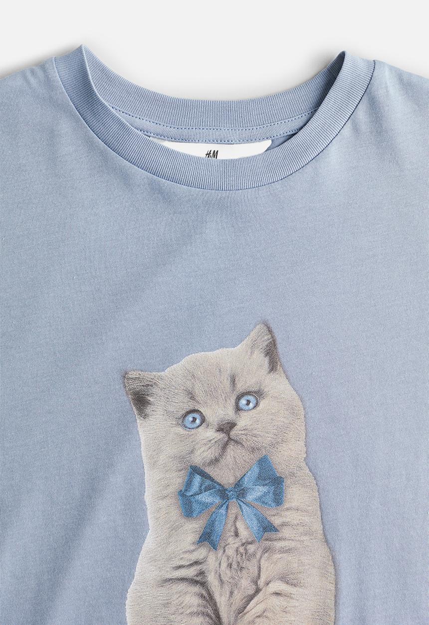 H&M - Oversized print-motif T-shirt - light blue cat