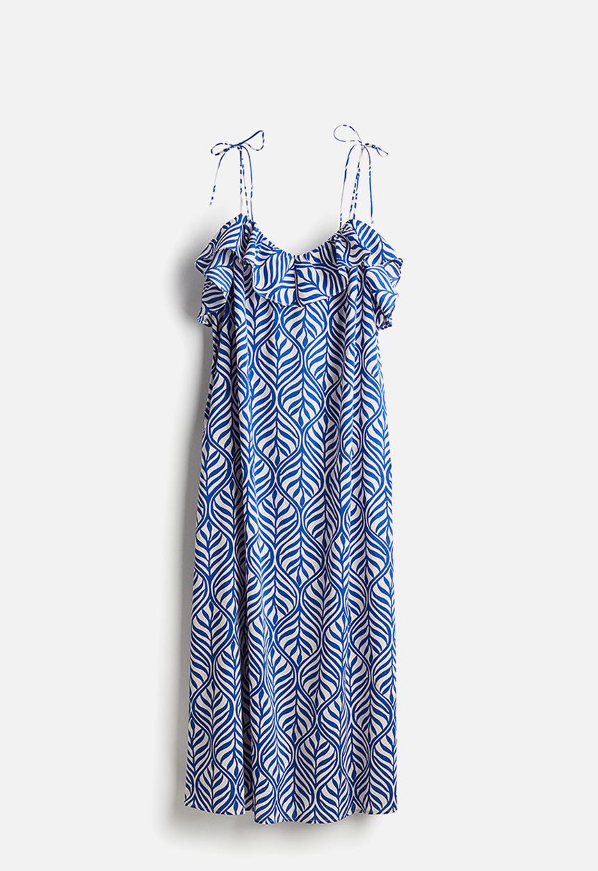 H&M - Frill-trimmed strappy dress - blue/leaf-patterned