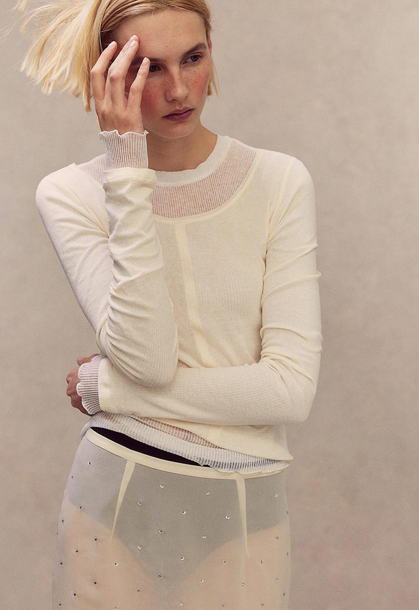 Sheer cotton top - light beige - 1226036001