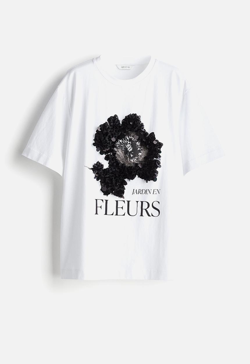 H&M - Embellished t-shirt - white fleurs