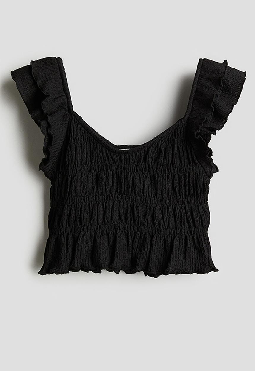 H&M - Flutter-sleeved smocked top - black