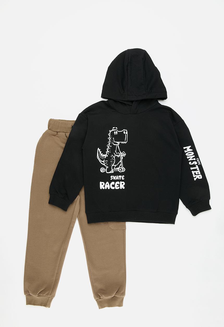 Pop Candy - Hoodies & cargo pants set-black & beige
