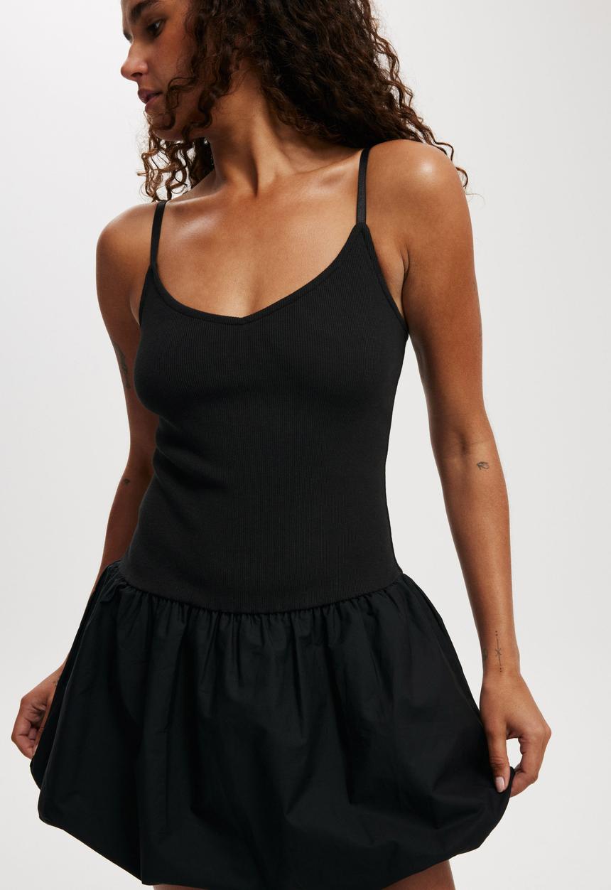 Cotton On - Romee Strappy Bubble Hem Mini Dress - Black