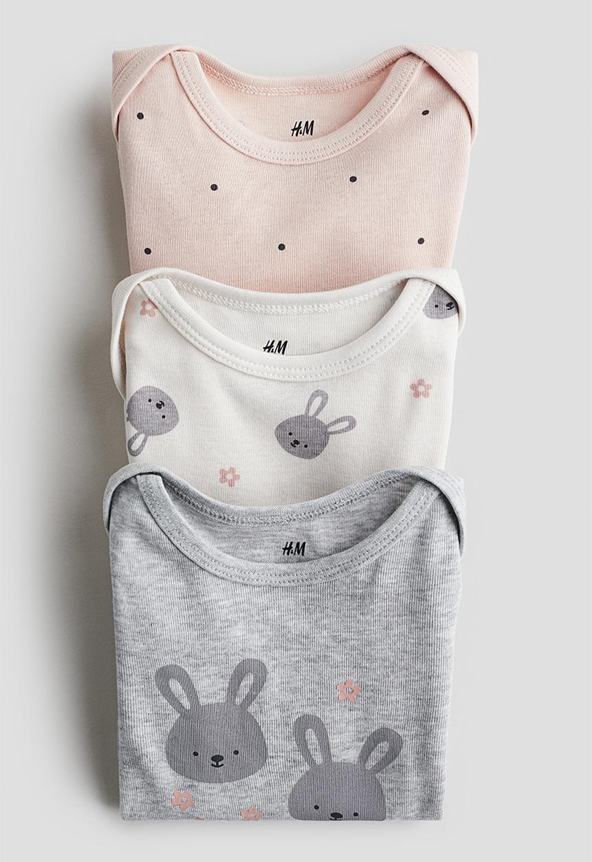 H&M - 3 pack long-sleeved bodysuits - light grey marl/bunnies