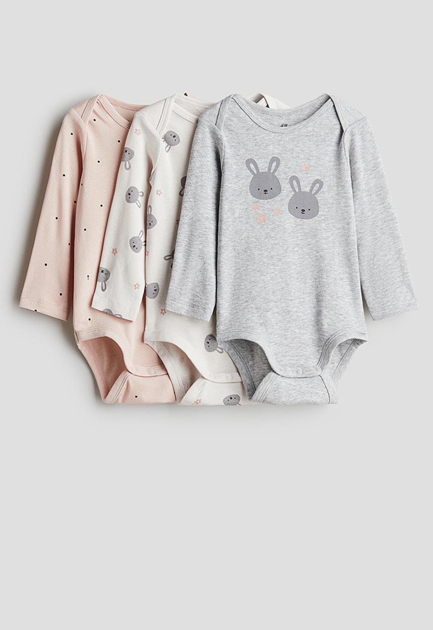 H&M - 3 pack long-sleeved bodysuits - light grey marl/bunnies