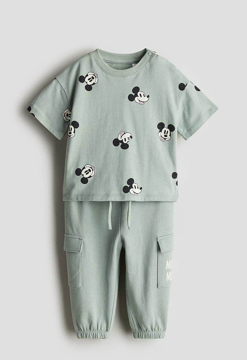 H&M - 2 piece t-shirt and joggers cotton set - light dusty green mickey mous