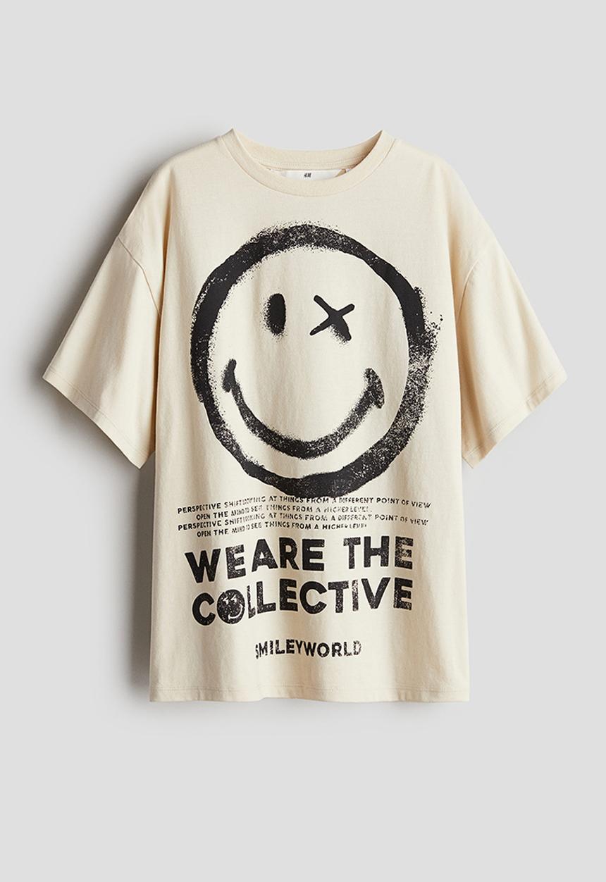 H&M - Oversized printed t-shirt - light beige smileyworld®