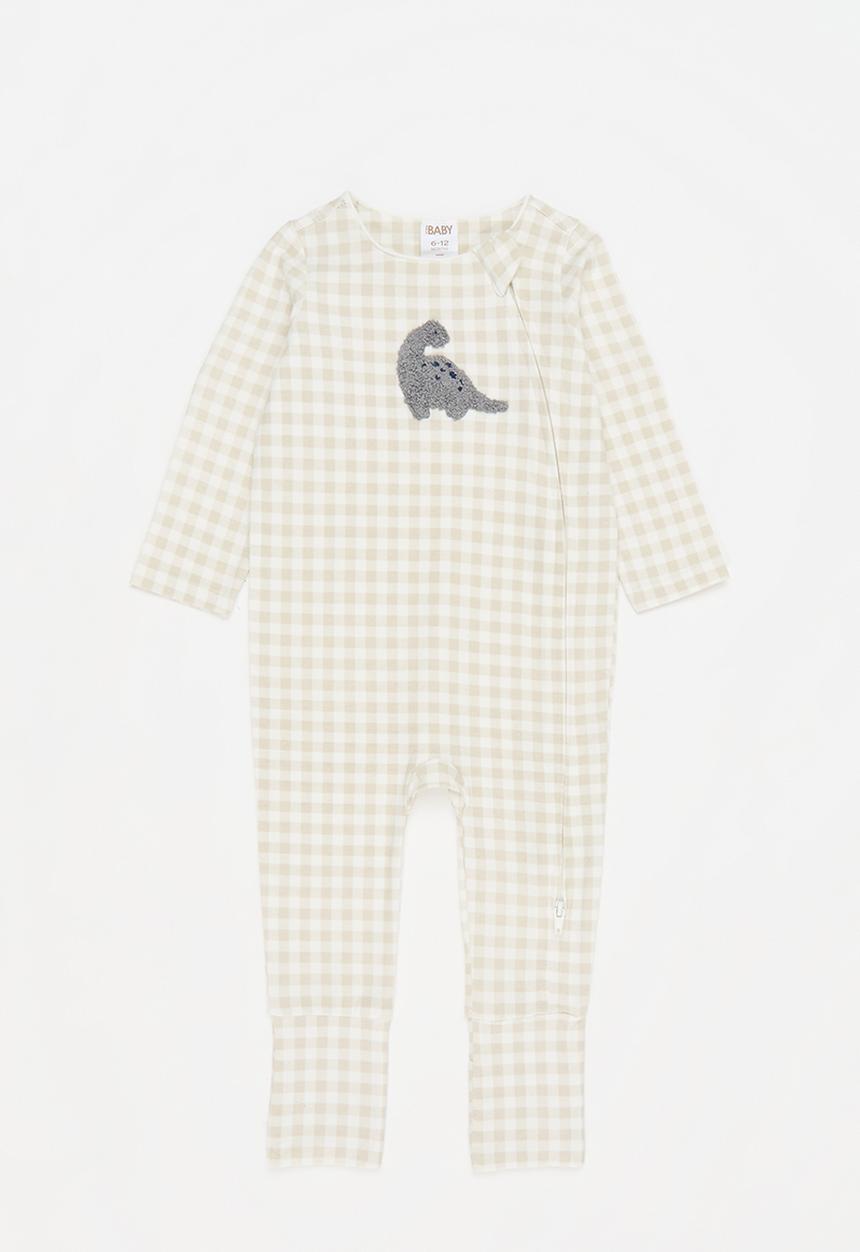 Cotton On - The long sleeve zip romper - rainy day gingham/dino applique
