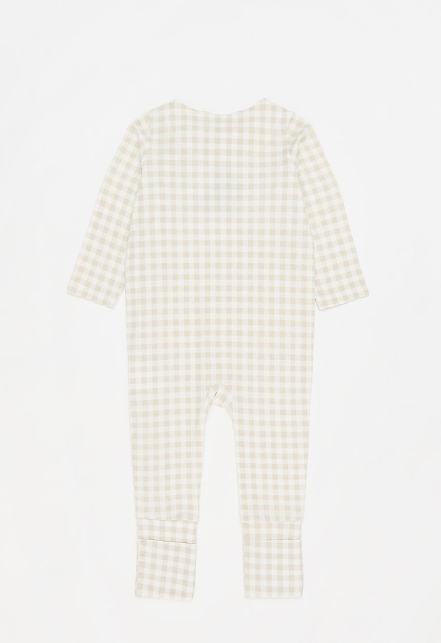 Cotton On - The long sleeve zip romper - rainy day gingham/dino applique