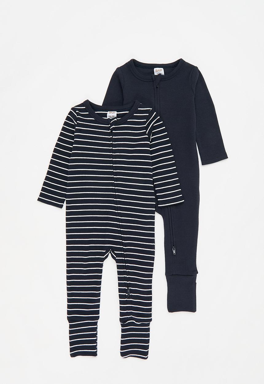 Cotton On - The long sleeve rib romper - navy ink/vanilla stripe 