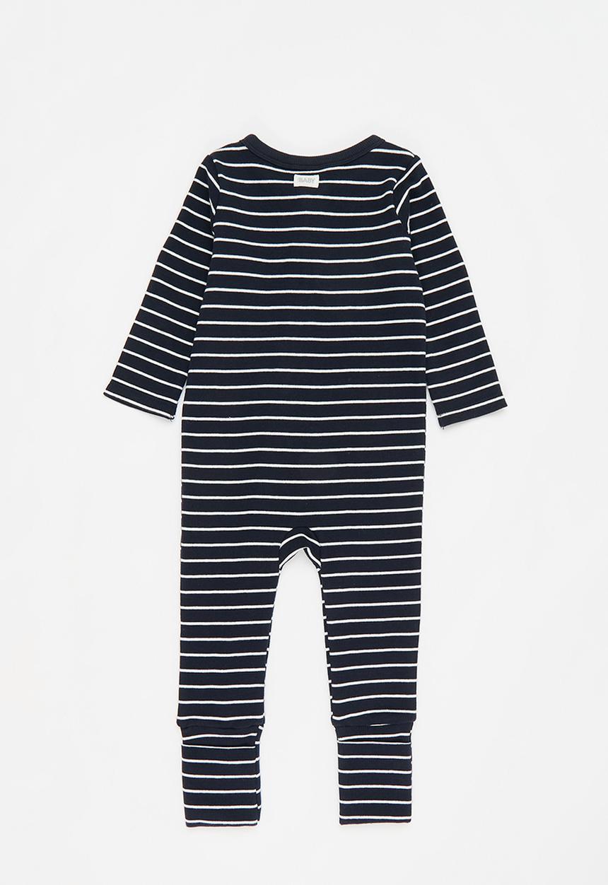 Cotton On - The long sleeve rib romper - navy ink/vanilla stripe 