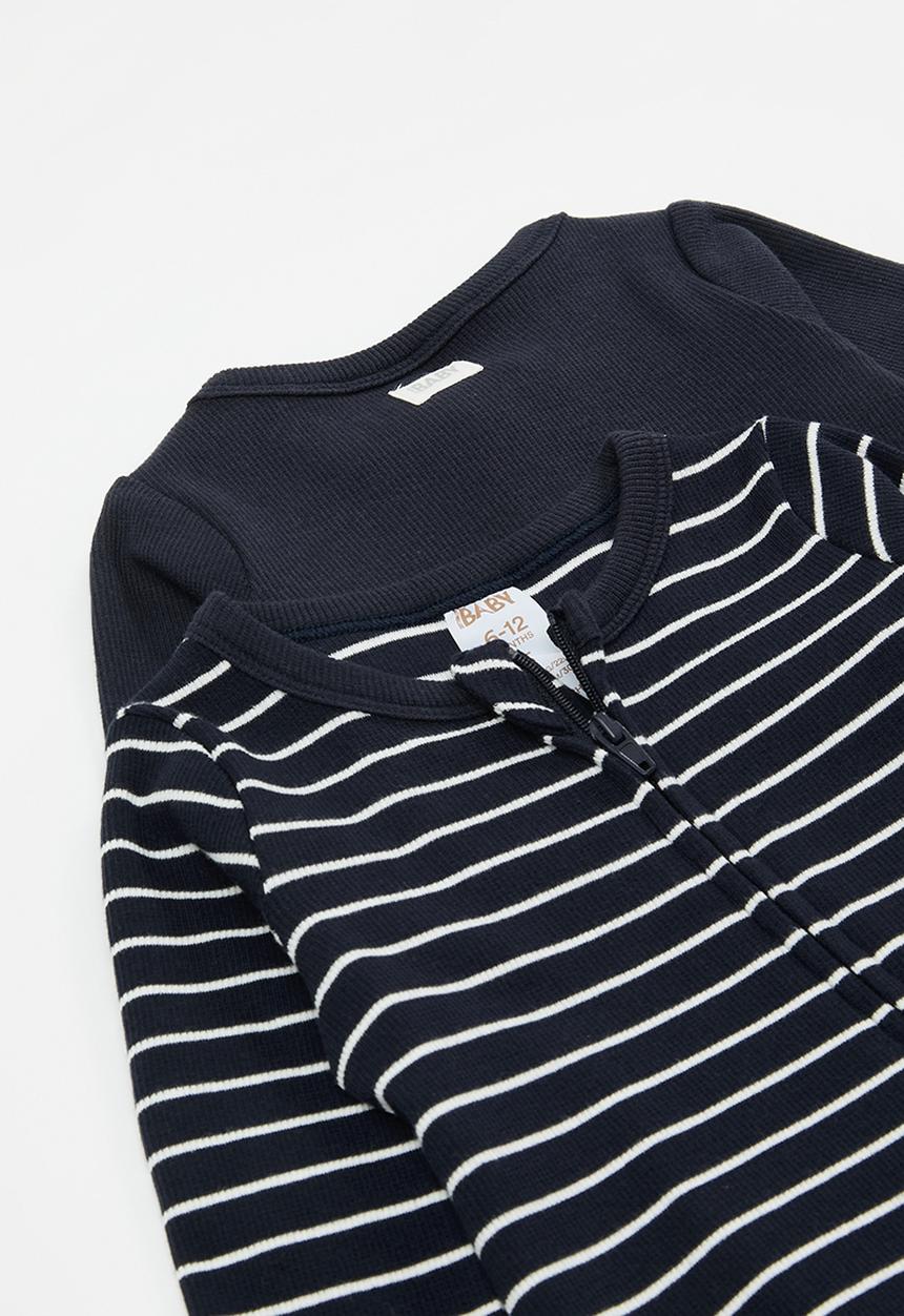 Cotton On - The long sleeve rib romper - navy ink/vanilla stripe 
