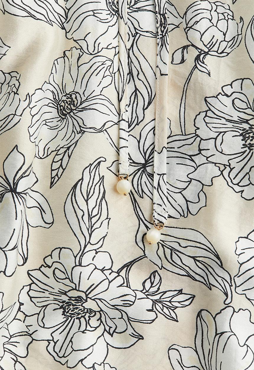 H&M - Tie-detail dress - light beige & white floral