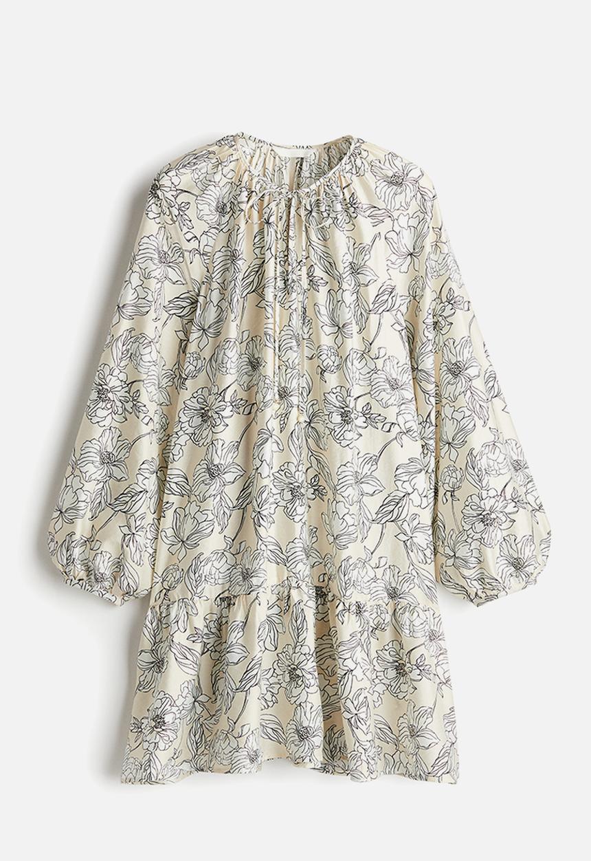 H&M - Tie-detail dress - light beige & white floral