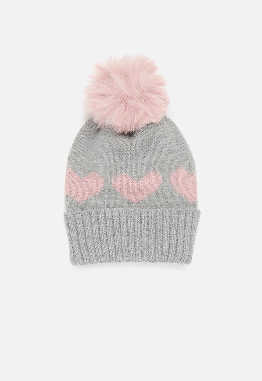 Pop Candy - Heart print pom beanie - grey & pink