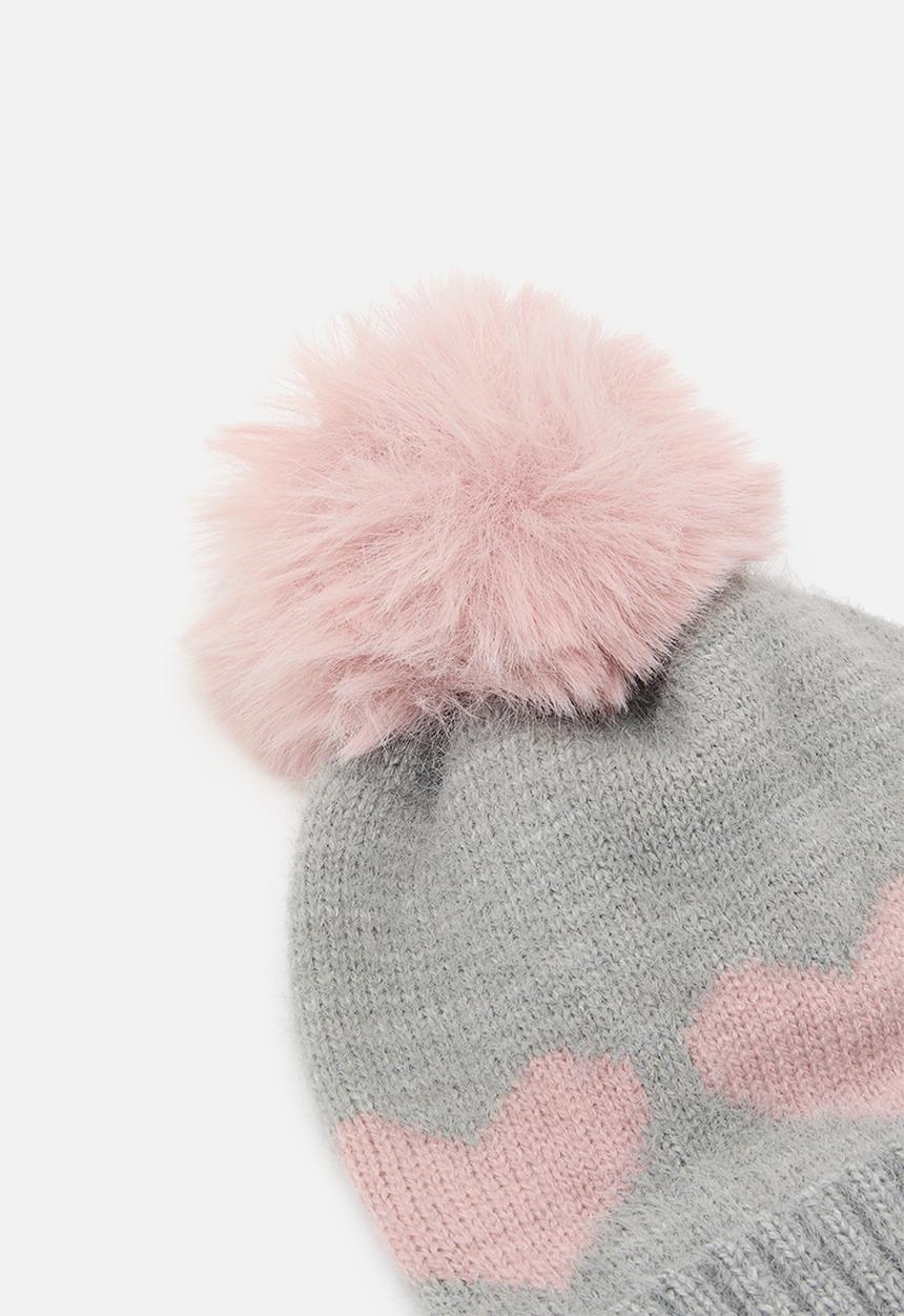 Pop Candy - Heart print pom beanie - grey & pink