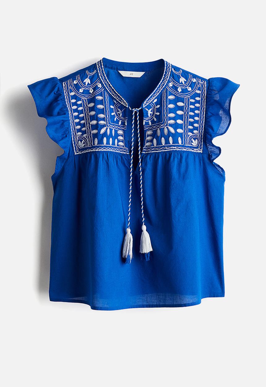 H&M - Embroidered cotton blouse - blue & white 