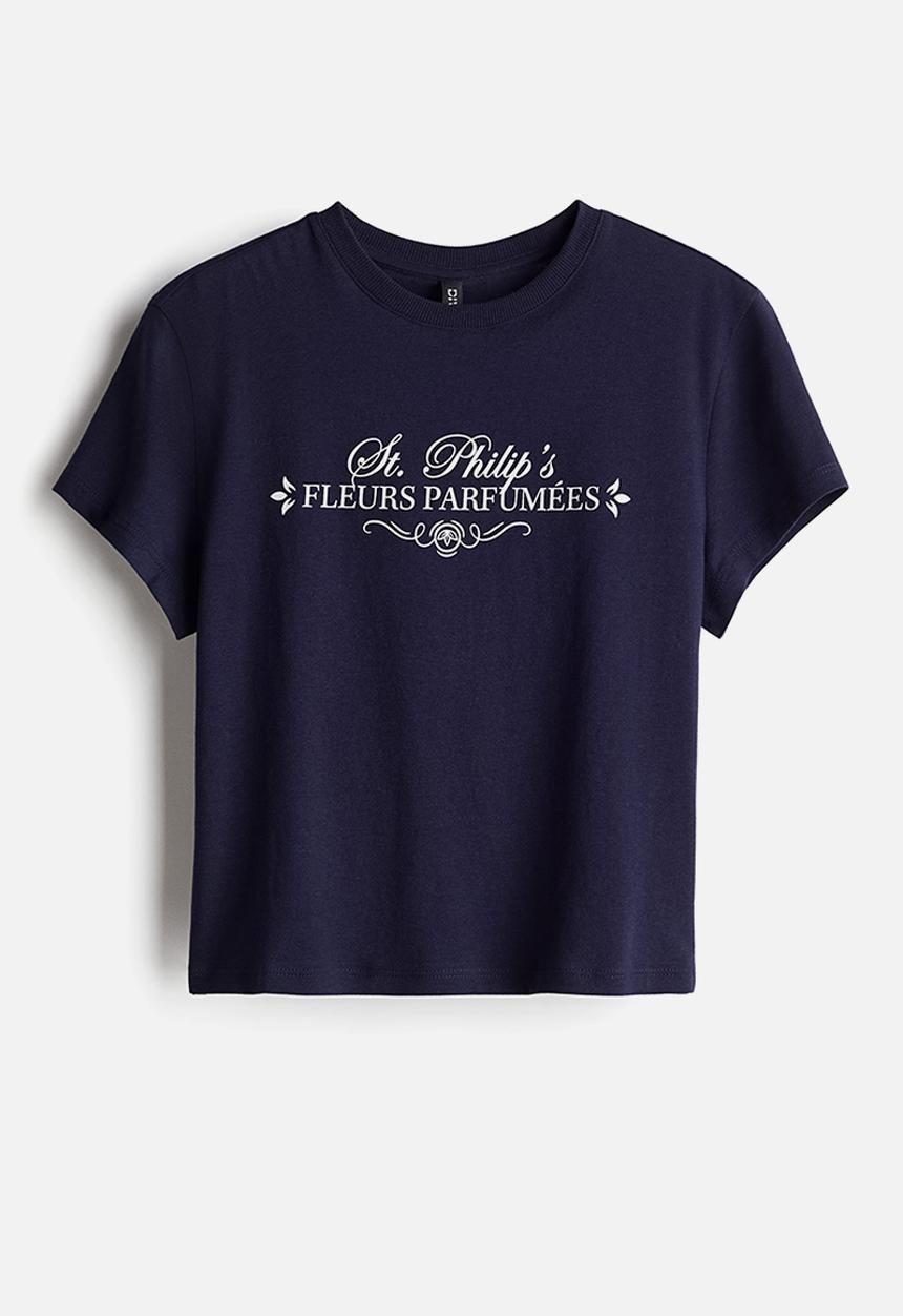 H&M - Printed t-shirt - navy Bbue/Ffeurs parfumées