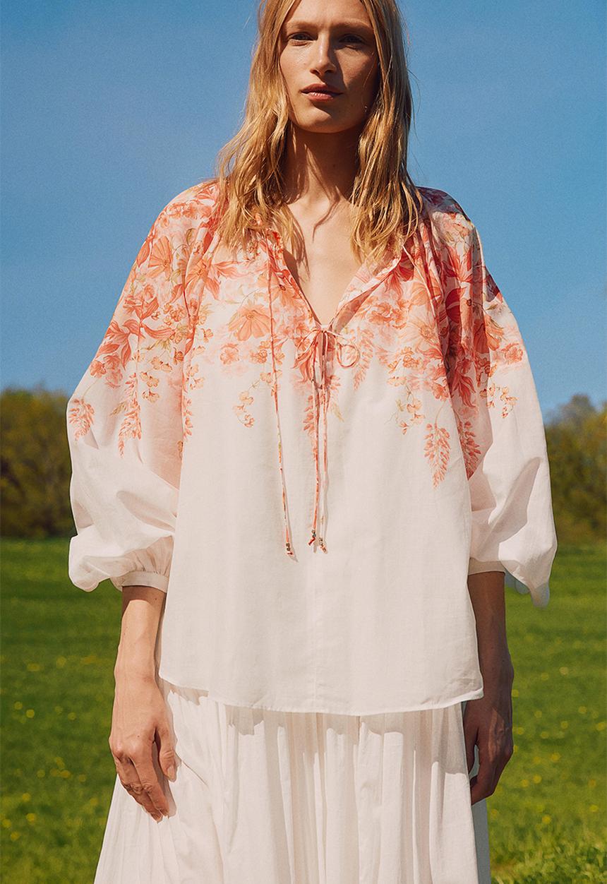 H&M - Tie-detail blouse - coral red & floral 