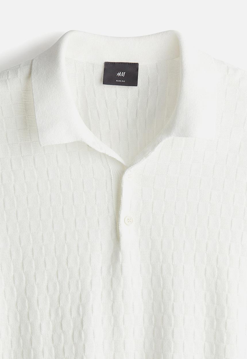H&M - Slim fit textured-knit polo shirt - white