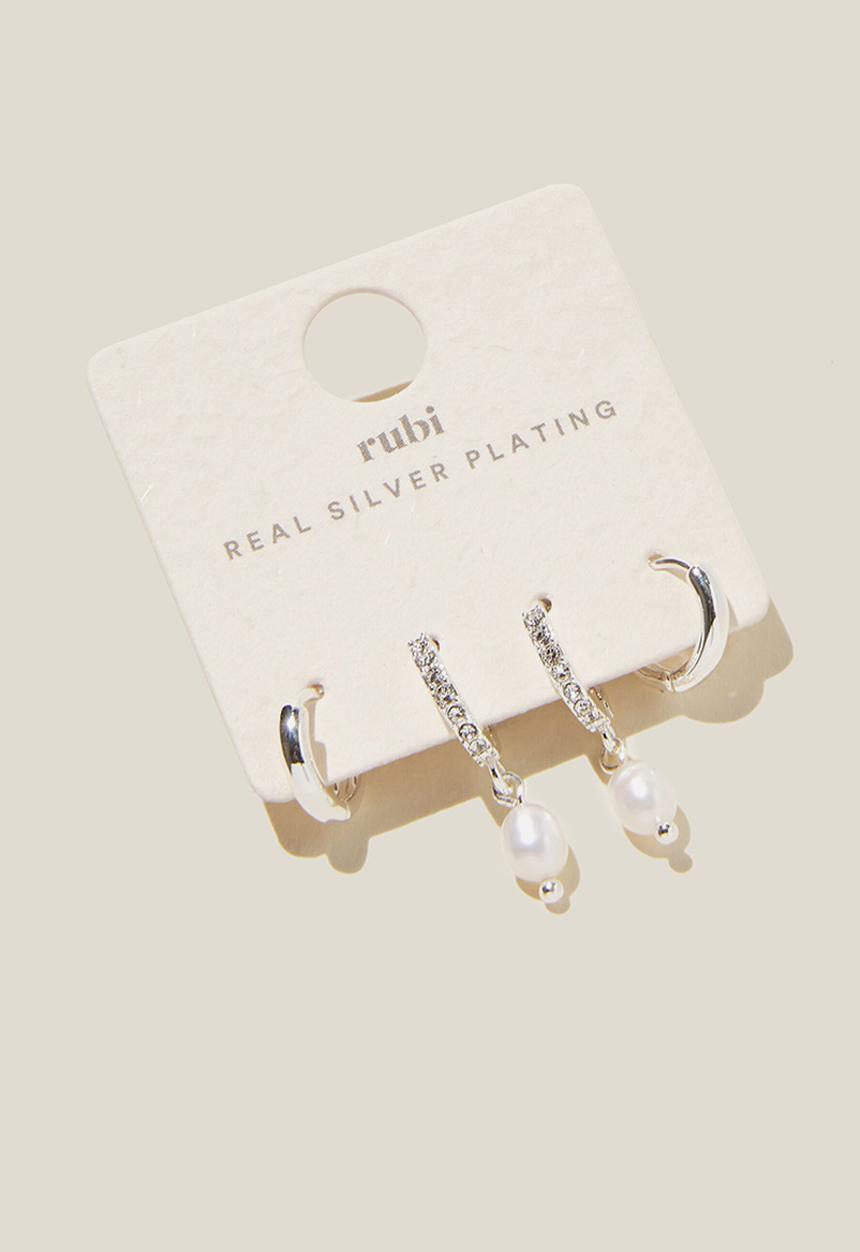 Rubi - 2Pk Mid Earring- silver diamante  pearl