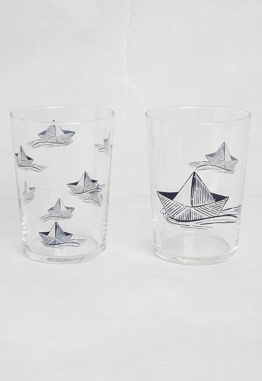 Excellent Houseware - Paper boat drinking glass set of 2 - blue