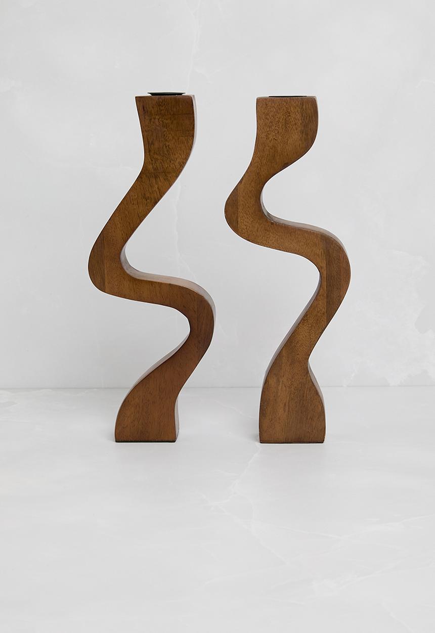 Sixth Floor - Wavy wooden Candle Holder set of 2