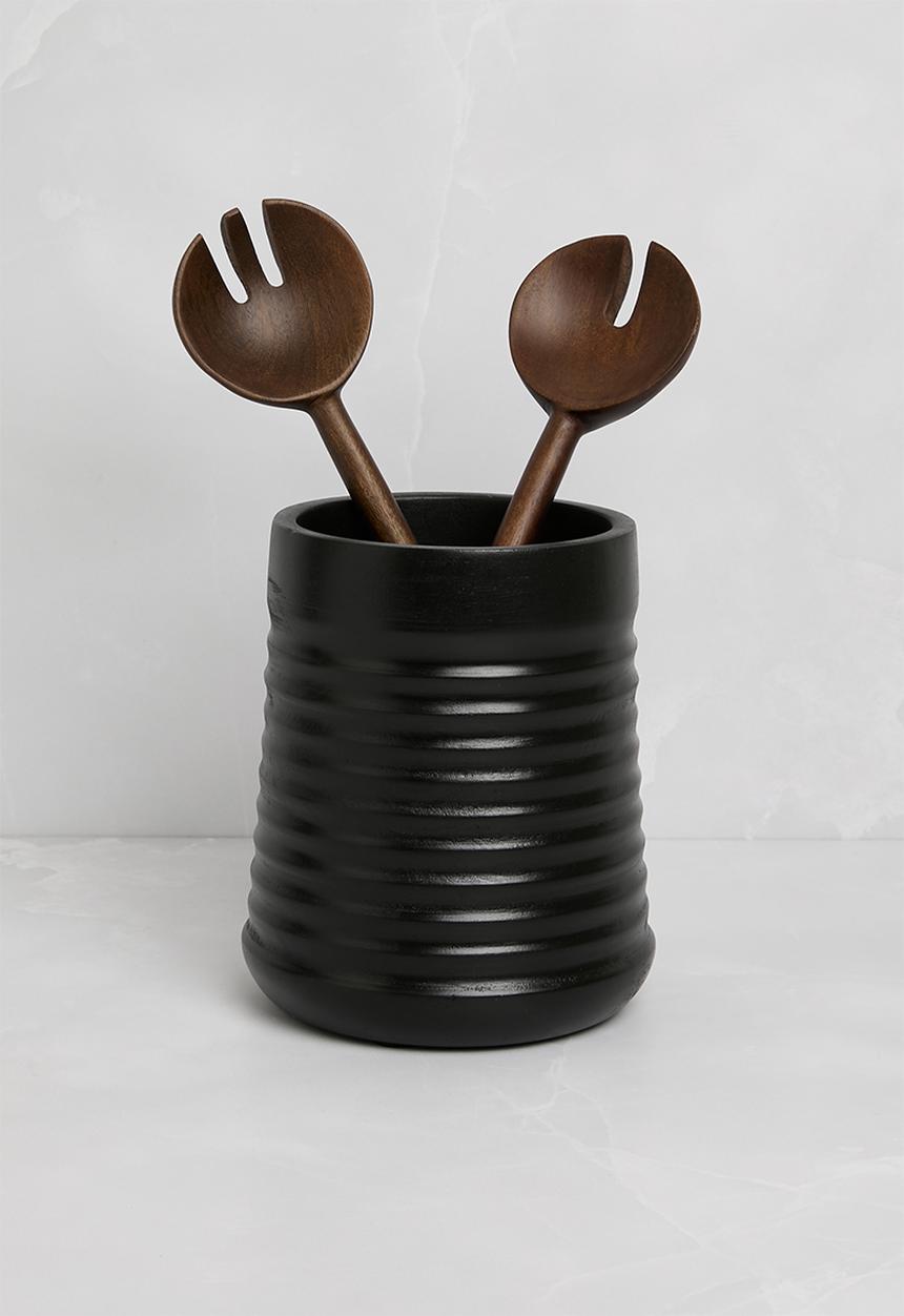 Sixth Floor - Carved mango wood utensil holder - black