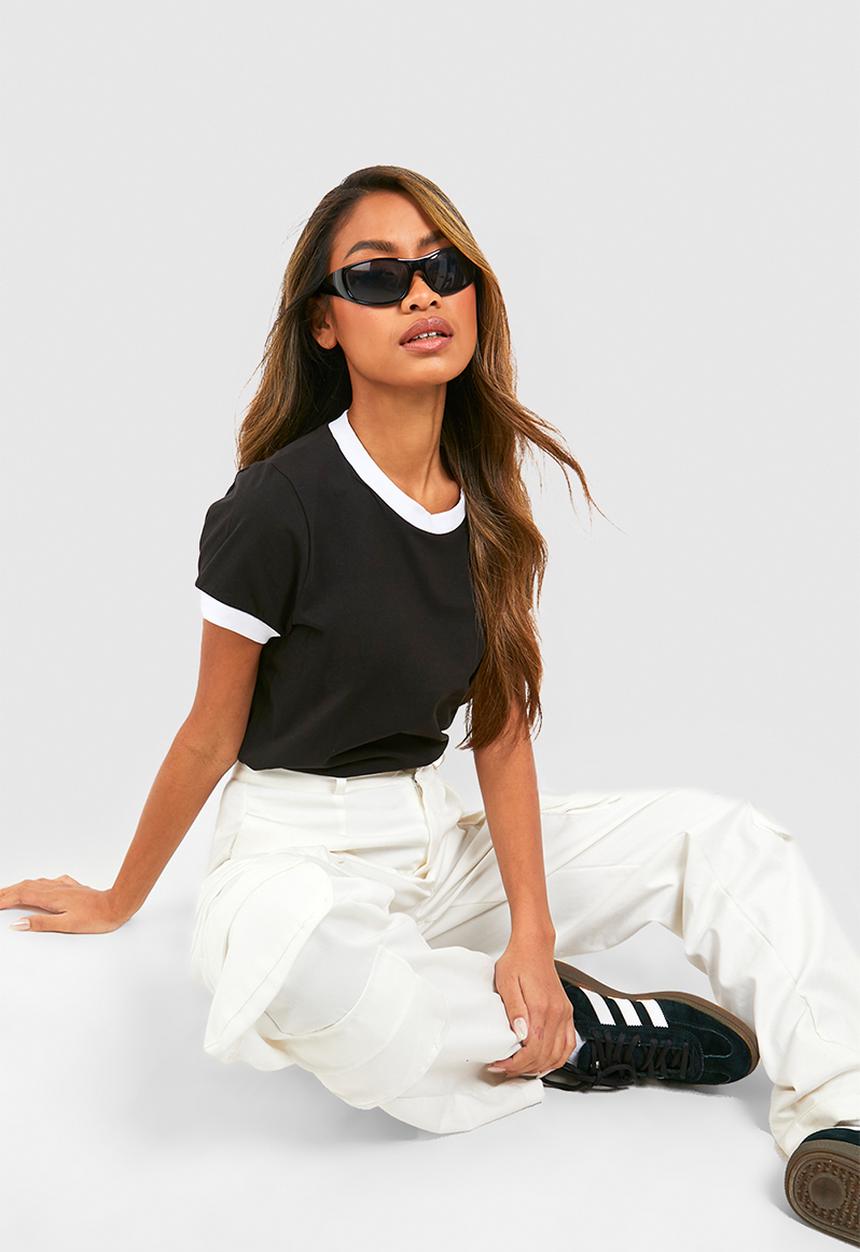 boohoo - Stripe V Neck T-shirt - Black