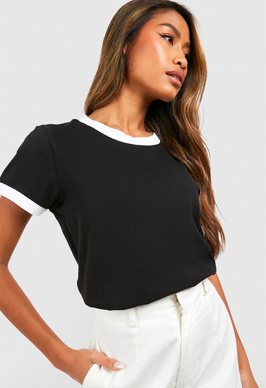 boohoo - Stripe V Neck T-shirt - Black
