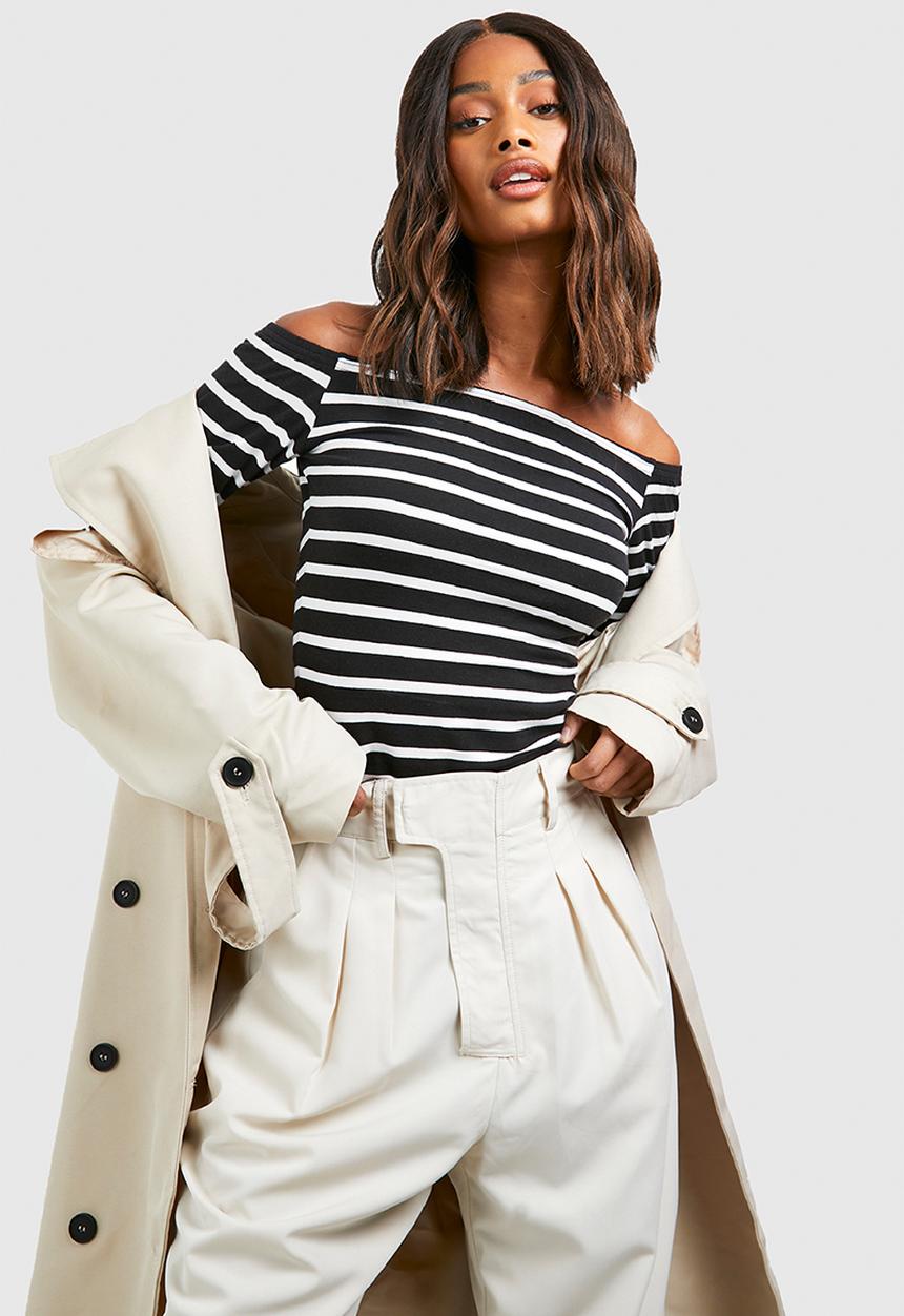 boohoo - Premium Supersoft Stripe Bardot Top - black