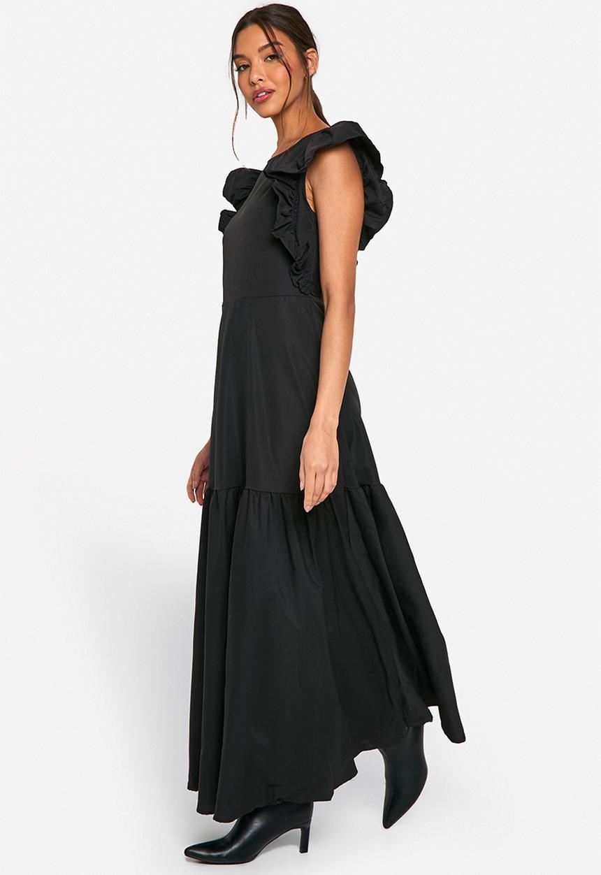 boohoo - Frill Sleeve Smock Midaxi Dress - Black