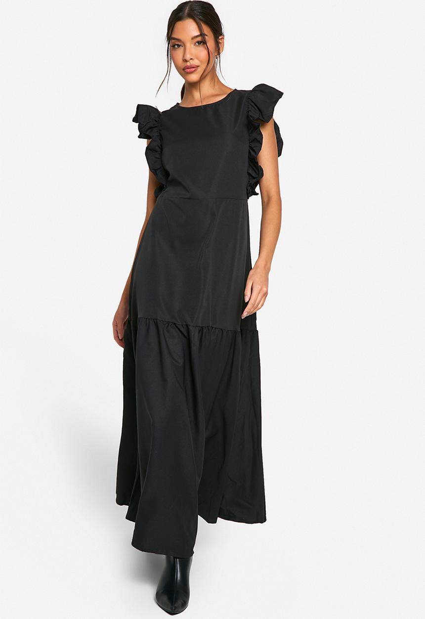 boohoo - Frill Sleeve Smock Midaxi Dress - Black