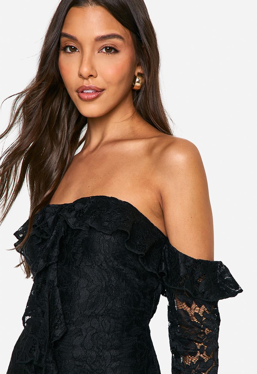 boohoo - Lace Bardot Flare Sleeve Mini Dress - Black