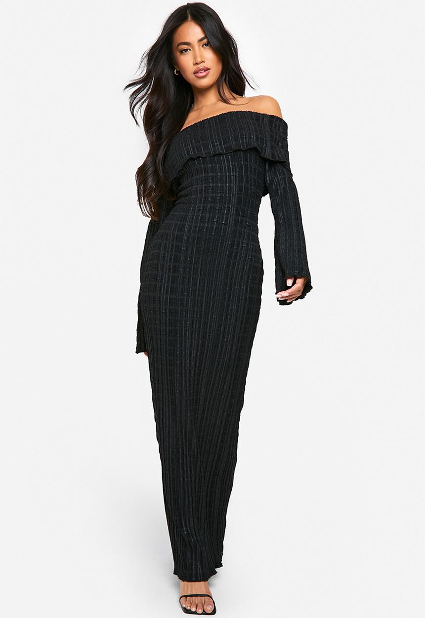 boohoo - Textured Bardot Maxi Dress - Black