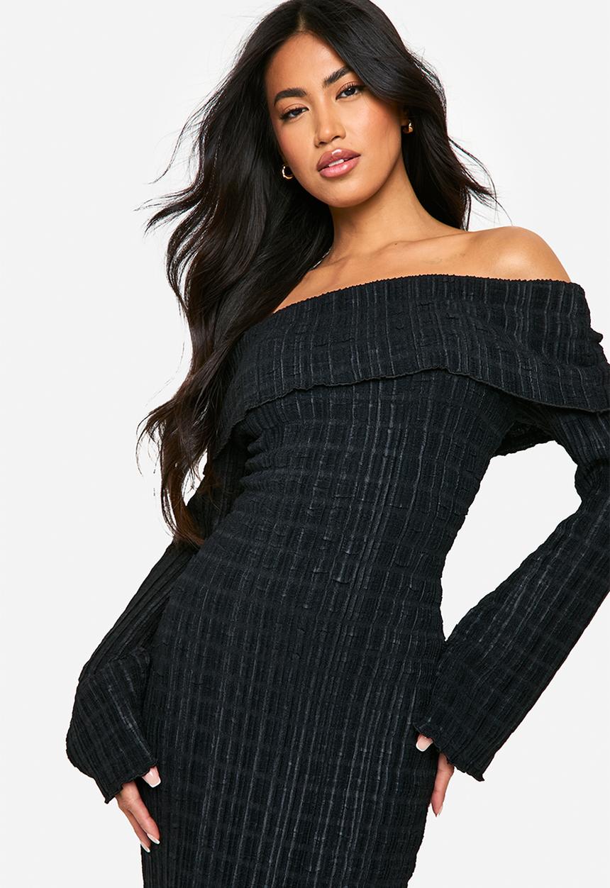 boohoo - Textured Bardot Maxi Dress - Black
