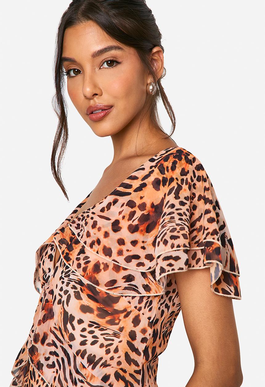 boohoo - Leopard Ruffle Maxi Dress - Brown