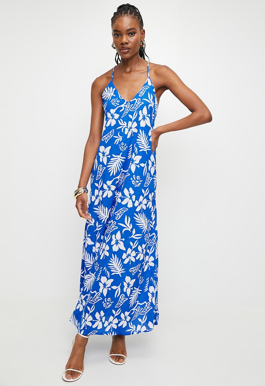 boohoo - Hibiscus V Neck Strappy Maxi Dress - Blue