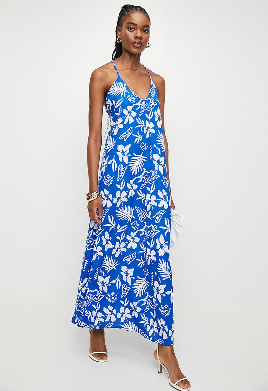 boohoo - Hibiscus V Neck Strappy Maxi Dress - Blue